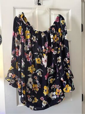 Emerald Dark Blue Floral Off-Shoulder Tunic with Yellow & Pink Blooms